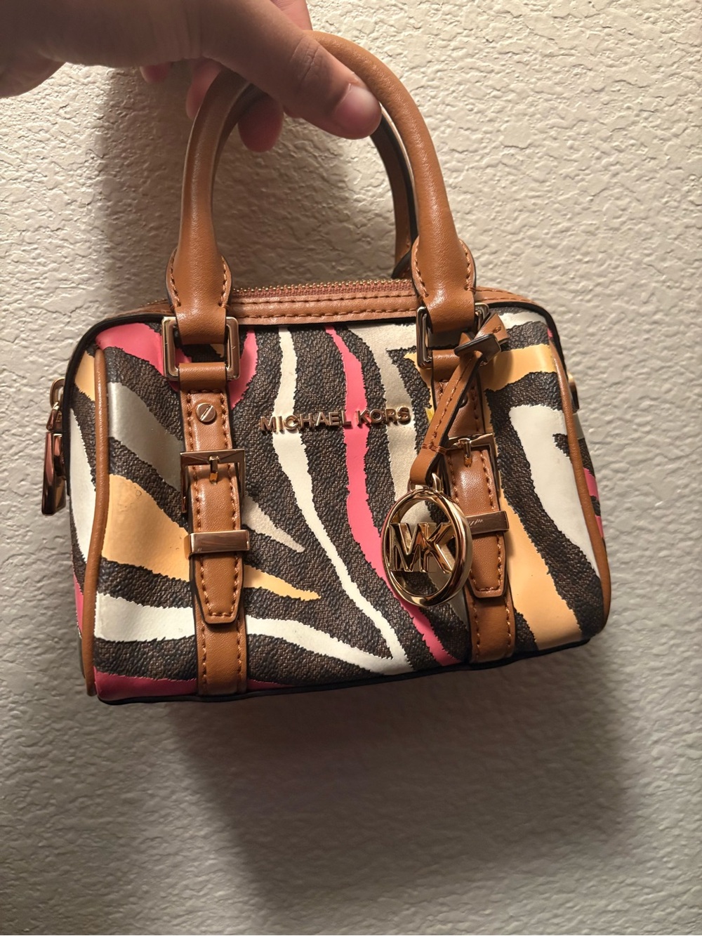 Michael Kors Mini Zebra-Print Satchel in Tan, Pink & White